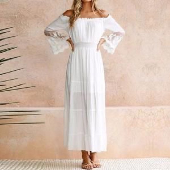 BOHO WHITE LACE MAXI DRESS w/BANDEAU NECKLINE - Picture 3 of 11